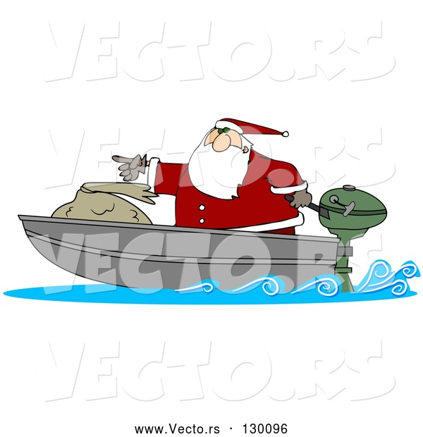 Vector of a Cartoon Santa Pointing Forward on Small Boad with Big Toy Sack