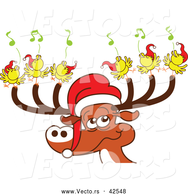 Vector of a Cartoon Santa Reindeer with Singing Birds