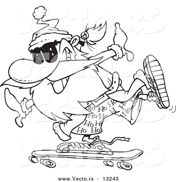 Vector of a Cartoon Santa Skateboarding - Coloring Page Outline