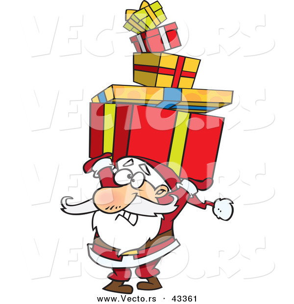 Vector of a Cartoon Santa Struggling to Carry a Stack of Christmas Presents over His Head