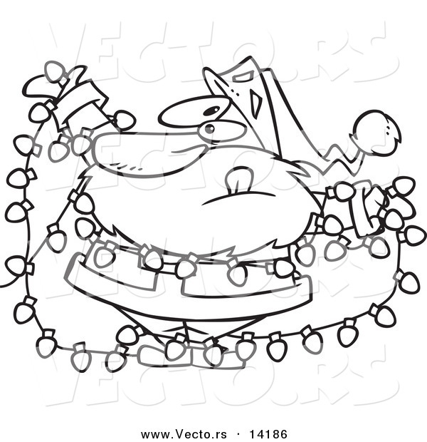 Vector of a Cartoon Santa Tangled in Christmas Lights - Coloring Page Outline