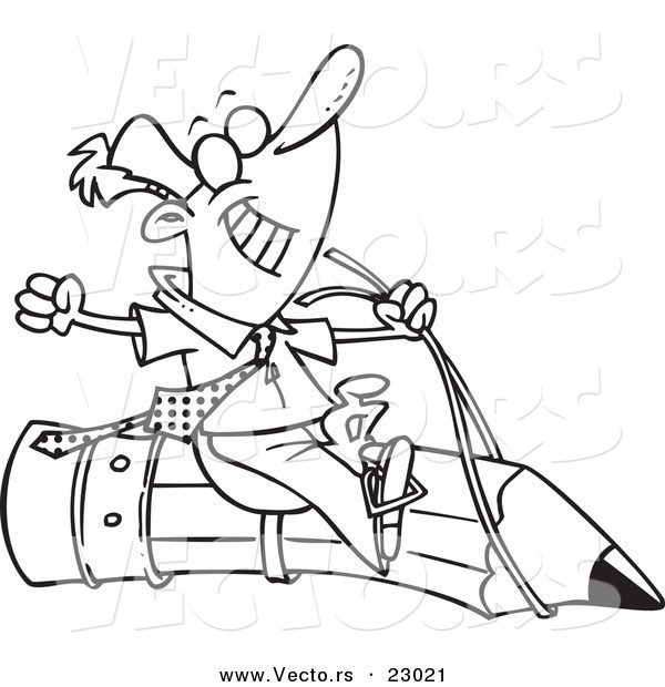 Vector of a Cartoon Satisfied Businessman Riding a Pencil - Coloring Page Outline
