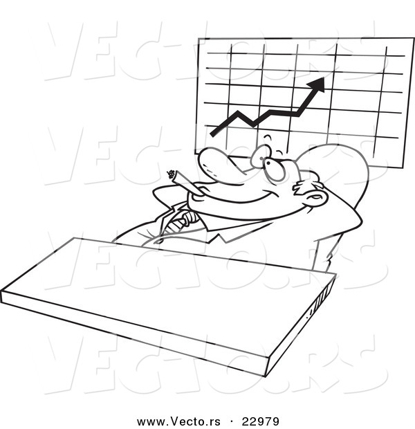 Vector of a Cartoon Satisfied Businessman Smoking a Cigar by a Chart - Coloring Page Outline