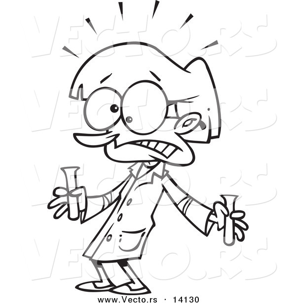 Vector of a Cartoon Scared Science Teacher Holding Test Tubes - Coloring Page Outline