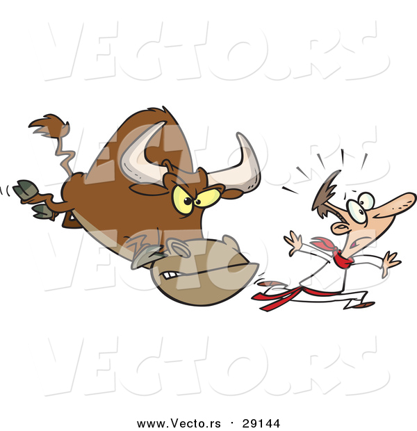 Vector of a Cartoon Scared White Man Running from a Bull