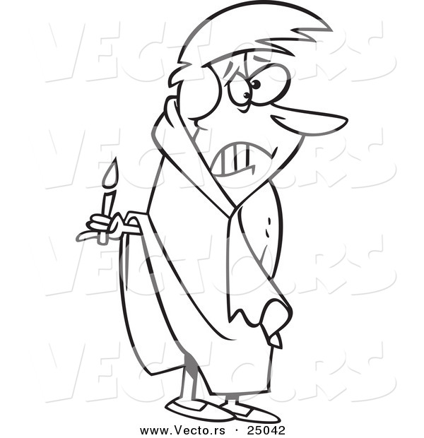 Vector of a Cartoon Scared Woman with a Candle in the Dark - Outlined Coloring Page