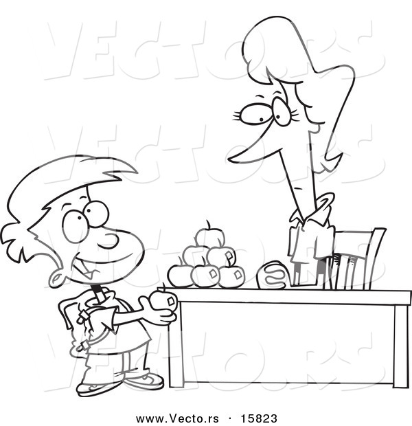 Vector of a Cartoon School Boy Adding to the Pyramid of Apples on His Teacher's Desk - Outlined Coloring Page Drawing