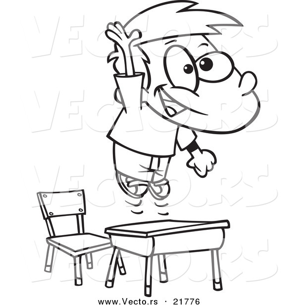 Vector of a Cartoon School Boy Jumping over His Desk - Outlined Coloring Page