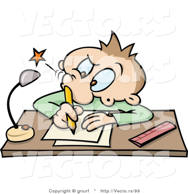 Vector of a Cartoon School Boy Poking His Nostril with a Pencil While Writing at a Desk