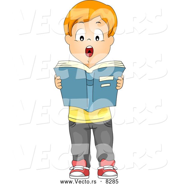 Vector of a Cartoon School Boy Reading Aloud in Front of His Class