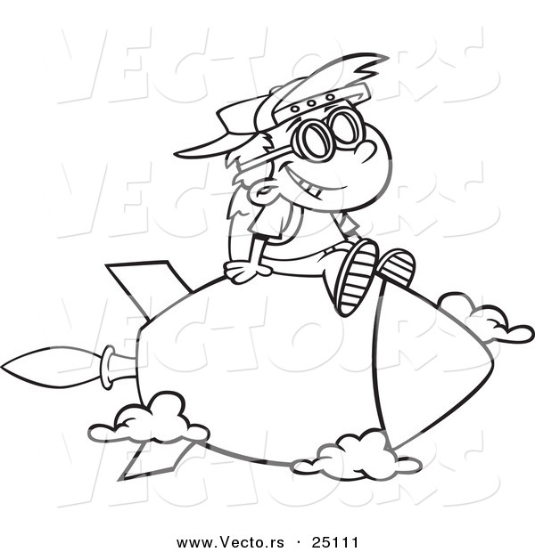 Vector of a Cartoon School Boy Riding on a Rocket - Coloring Page Outline