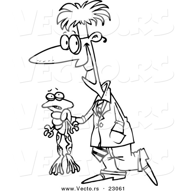 Vector of a Cartoon Scientist Holding a Frog - Coloring Page Outline