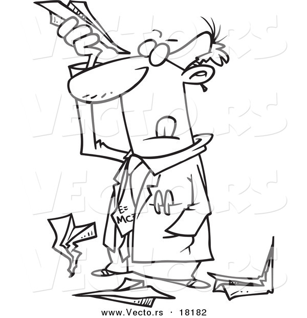 Vector of a Cartoon Scientist Researching Paper Airplanes - Outlined Coloring Page