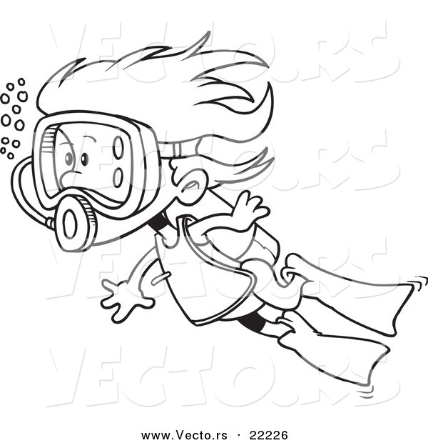 Vector of a Cartoon Scuba Girl Swimming - Outlined Coloring Page
