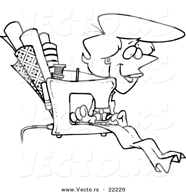 Vector of a Cartoon Seamstress Sewing - Outlined Coloring Page