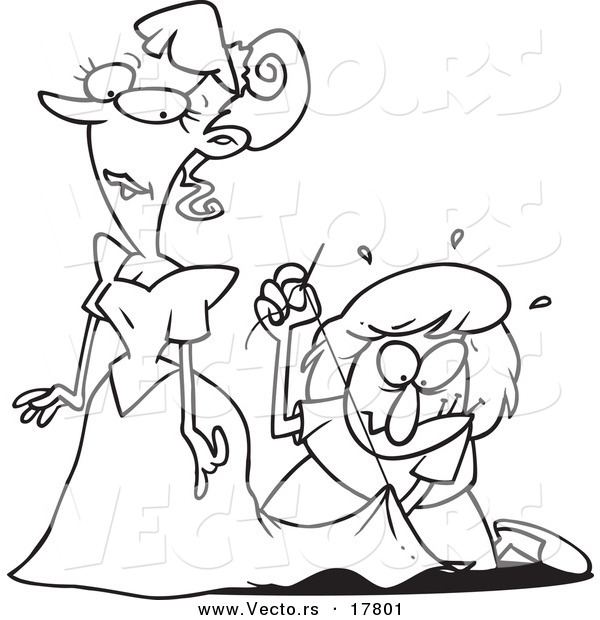 Vector of a Cartoon Seamstress Tailoring a Bride's Dress at the Last Minute - Outlined Coloring Page
