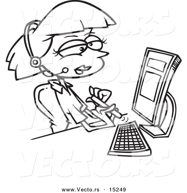 Vector of a Cartoon Secretary Filing Her Nails at Her Desk - Coloring Page Outline