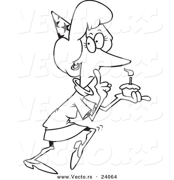 Vector of a Cartoon Secretive Woman Holding a Birthday Cupcake - Coloring Page Outline