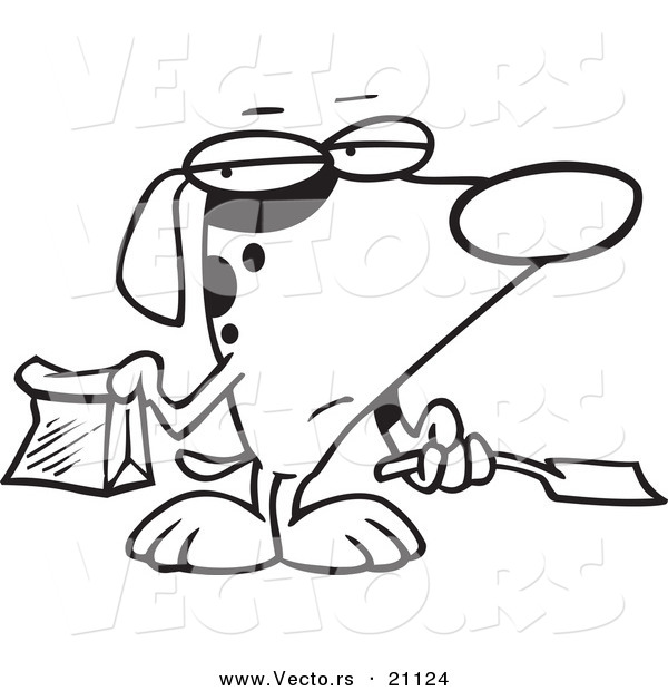 Vector of a Cartoon Self Cleaning Dog Scooping His Poop - Coloring Page Outline