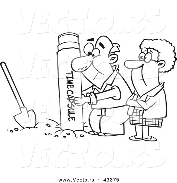 Vector of a Cartoon Senior Couple Digging up a Time Capsule - Coloring Page Outline