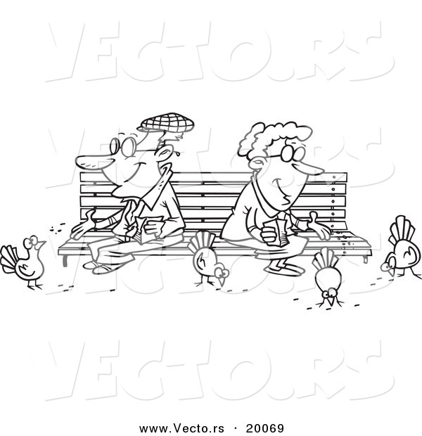 Vector of a Cartoon Senior Couple Feeding Birds - Outlined Coloring Page