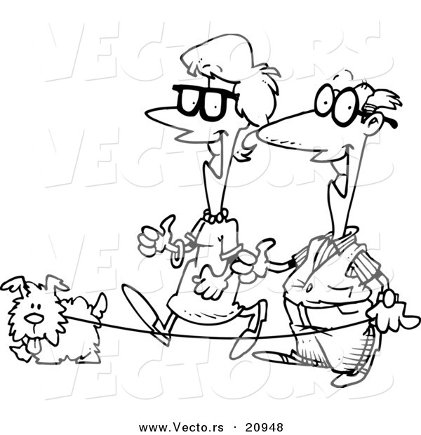 Vector of a Cartoon Senior Couple Walking Their Dog - Coloring Page Outline