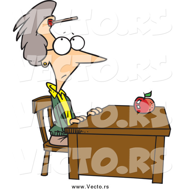 Vector of a Cartoon Senior White Female Teacher Sitting at Her Desk with a Dart on Her Forehead