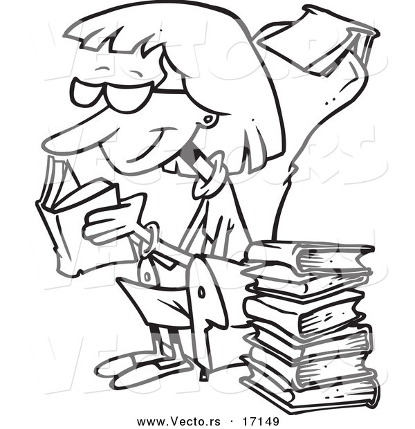 Vector of a Cartoon Senior Woman Reading Books - Coloring Page Outline