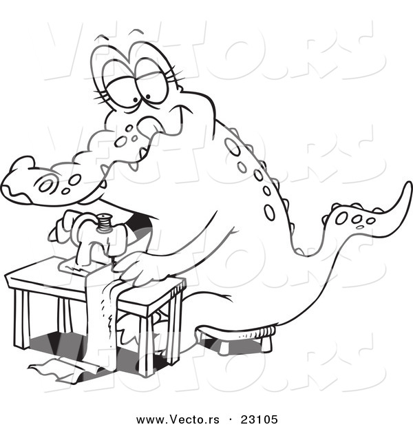 Vector of a Cartoon Sewing Alligator - Coloring Page Outline