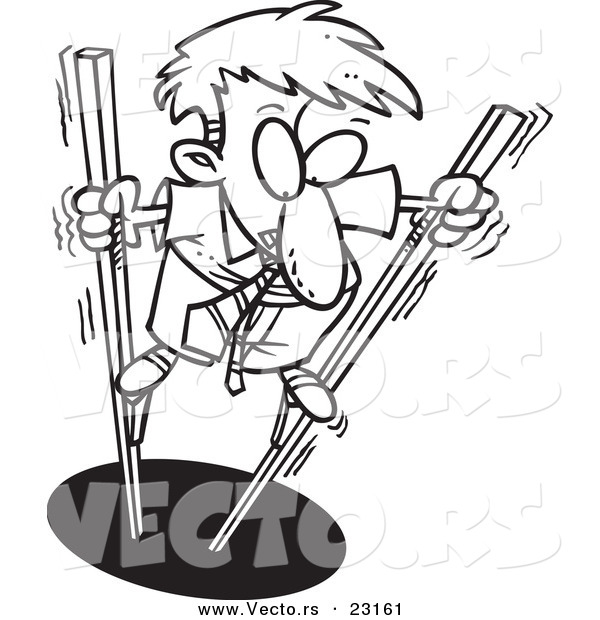 Vector of a Cartoon Shaky Businessman Using Stilts - Coloring Page Outline