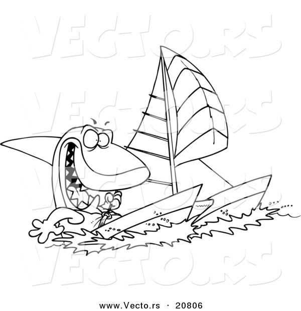 Vector of a Cartoon Shark Sailing a Catamaran - Coloring Page Outline