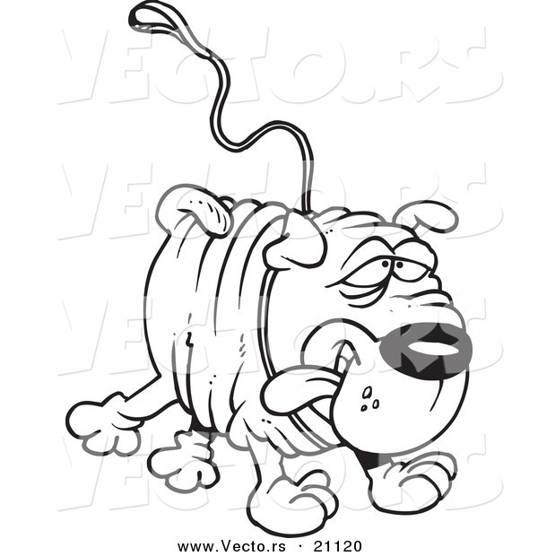 Vector of a Cartoon Sharpei Dog Running with a Leash Attached - Coloring Page Outline