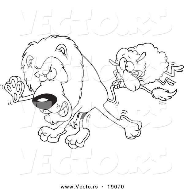 Vector of a Cartoon Sheep Attacking a Lion - Outlined Coloring Page