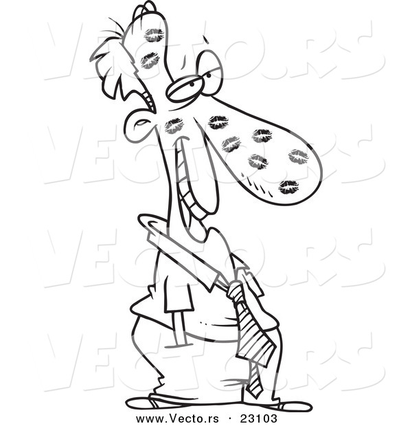 Vector of a Cartoon Sheepish Businessman Covered in Kisses - Coloring Page Outline