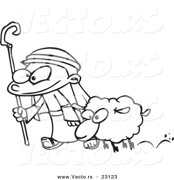 Vector of a Cartoon Shepherd and Sheep - Coloring Page Outline