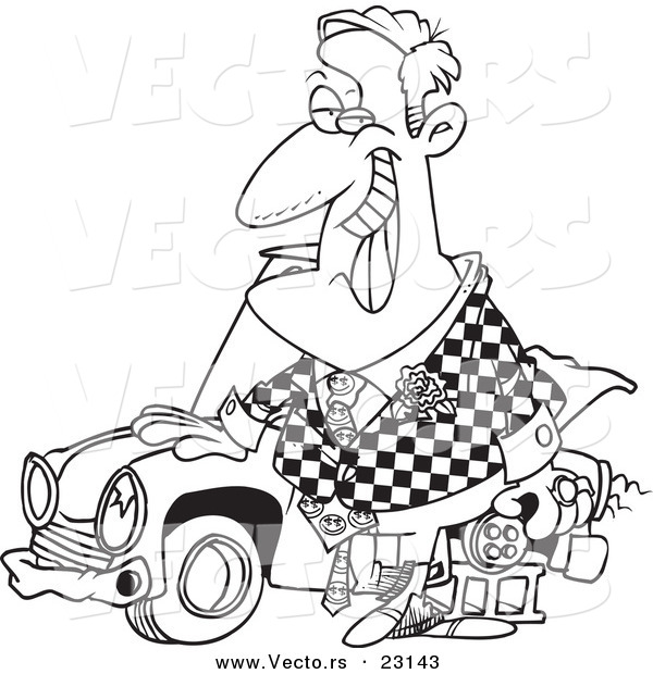 Vector of a Cartoon Shifty Car Salesman - Coloring Page Outline