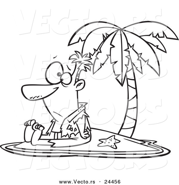 Vector of a Cartoon Shipwrecked Man on a Tropical Island - Outlined Coloring Page