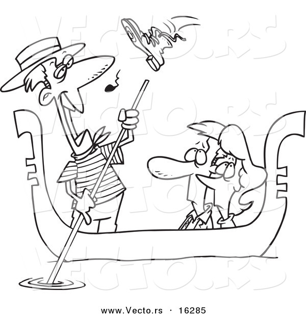 Vector of a Cartoon Shoe Flying at a Gondolier Singing to a Couple - Outlined Coloring Page Drawing