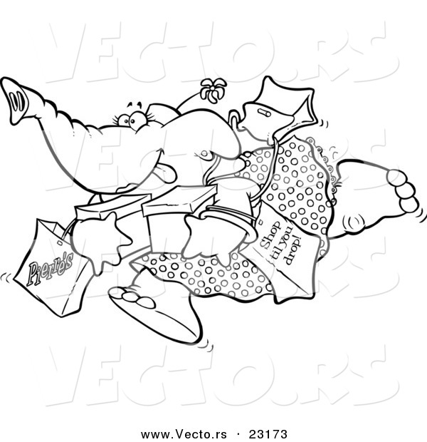 Vector of a Cartoon Shopping Elephant - Coloring Page Outline