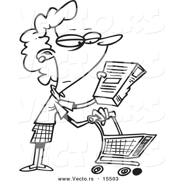 Vector of a Cartoon Shopping Woman Reading an Ingredient Label - Coloring Page Outline