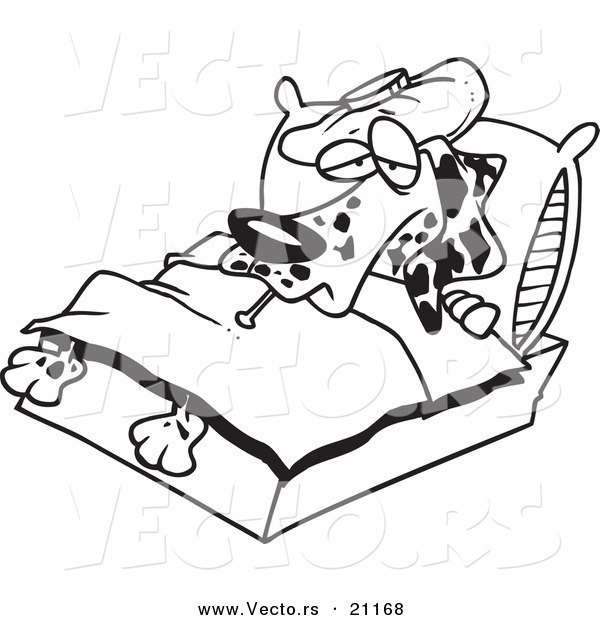 Vector of a Cartoon Sick Dalmatian in Bed - Coloring Page Outline