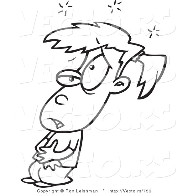 Vector of a Cartoon Sick Girl with Tummy Ache - Line Drawing