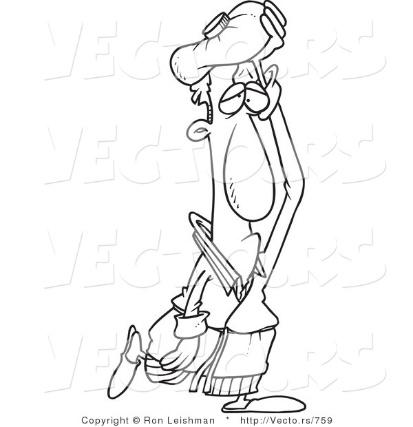 Vector of a Cartoon Sick Man Walking Around a Fever - Line Drawing