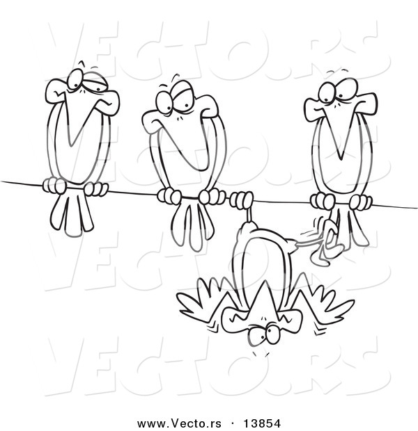Vector of a Cartoon Silly Bird Hanging Upside down on a Wire by His Friends - Coloring Page Outline
