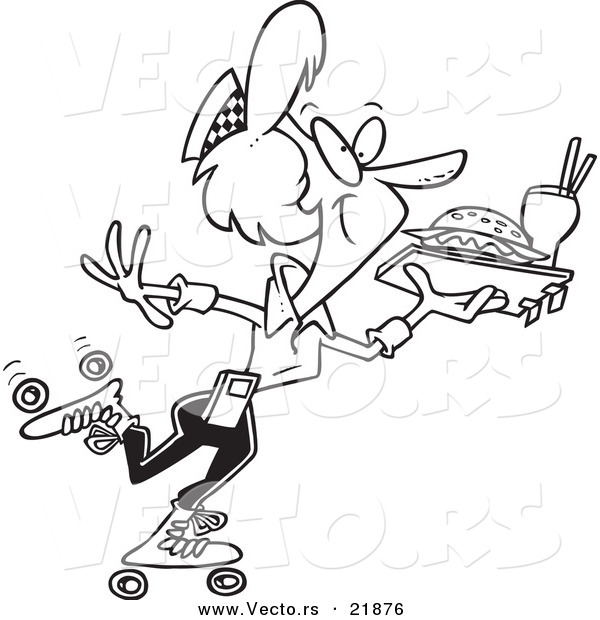 Vector of a Cartoon Skating Car Hop Waitress - Outlined Coloring Page