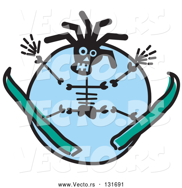 Vector of a Cartoon Skeleton Flying While Skiing