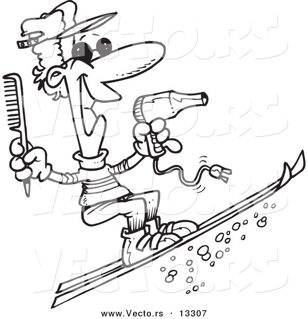 Vector of a Cartoon Skiing Hairstylist - Coloring Page Outline