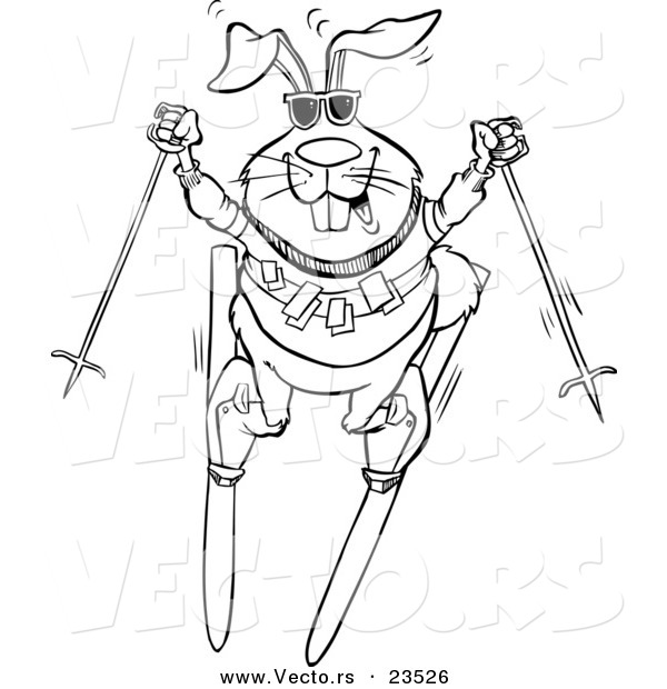 Vector of a Cartoon Skiing Rabbit - Coloring Page Outline