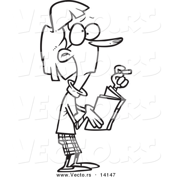 Vector of a Cartoon Skinny Female Teacher Holding a Book and Chalk - Coloring Page Outline