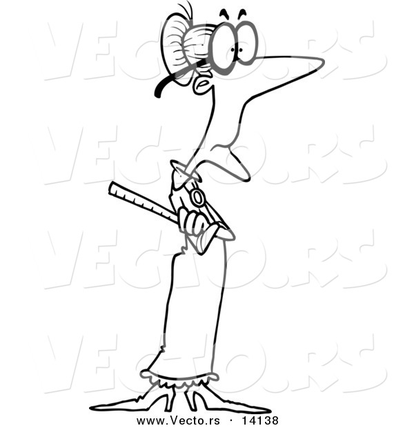 Vector of a Cartoon Skinny Old Female Teacher Holding a Ruler - Coloring Page Outline